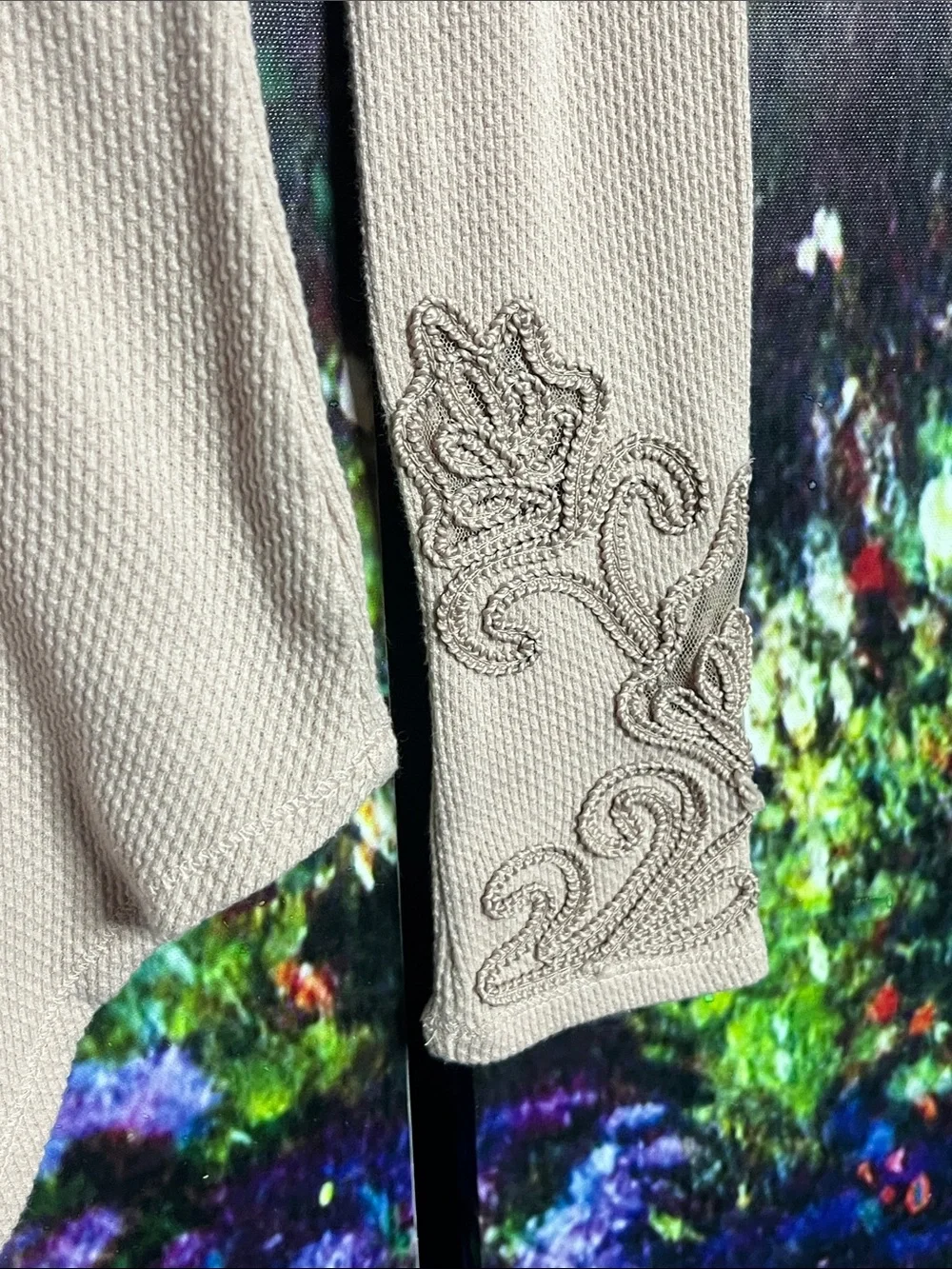 Free People Masquerade Cuff Thermal Top Embroidered Long Sleeve Beige Medium